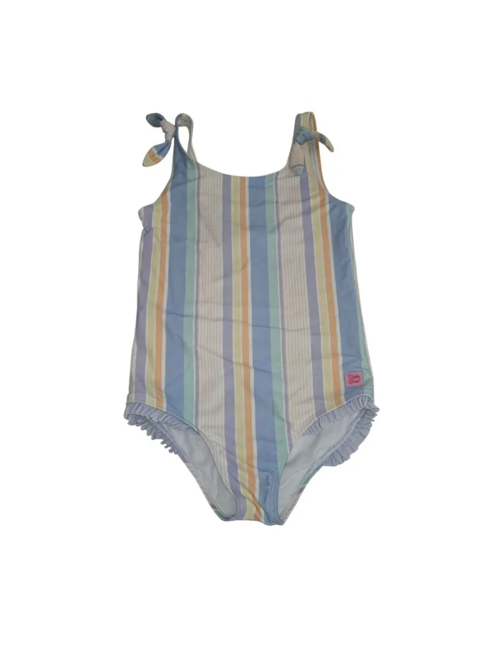 RuffleButts Girl 10 pastel rainbow stripe one-piece swimsuit features charming t
